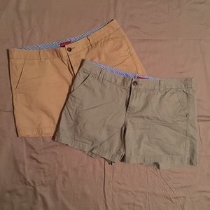 2 pairs khaki shorts, tan and gray
